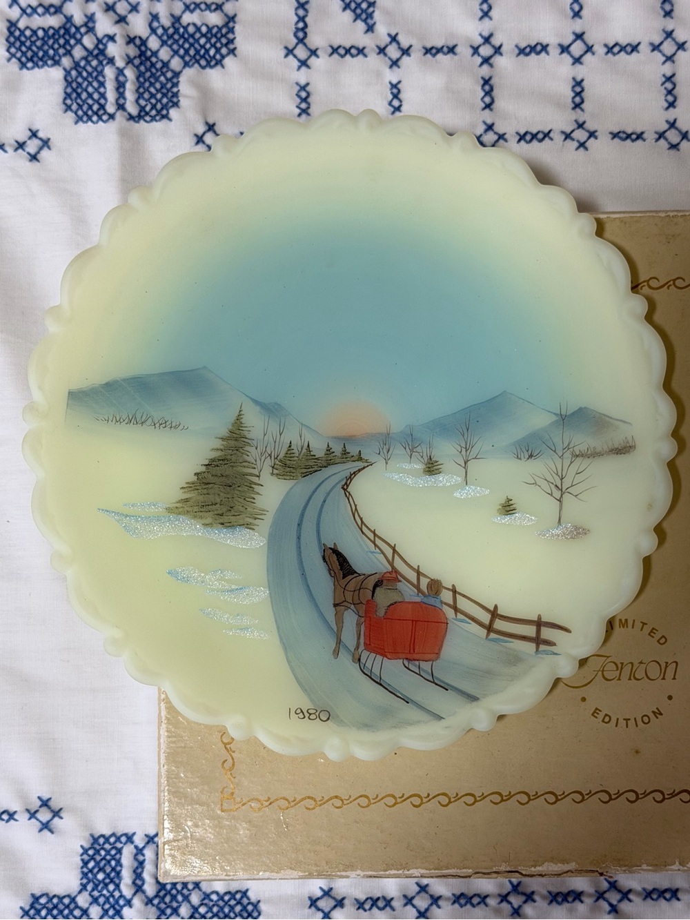Fenton Blue and Cream Winter Sleigh Decorative Plate